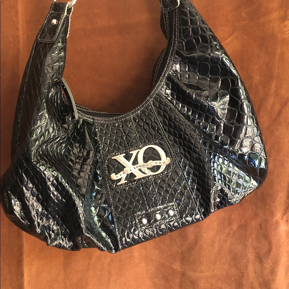 XOXO Black Patent Croc Hobo with Silver Logo Plaque